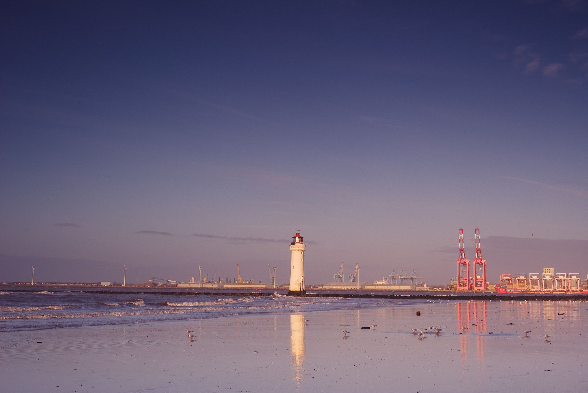 A lighthouse at sunset. It is reflected in the watery beach. There are seagulls resting on the beach and in the background a