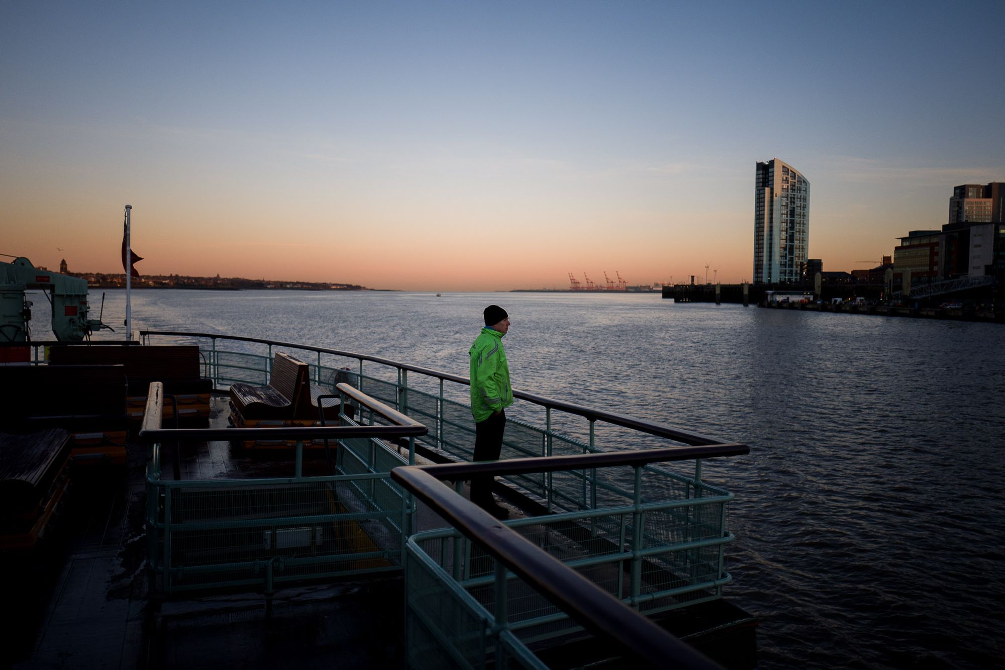 Sunrise across the River Mersey from the Mersey Ferry.
